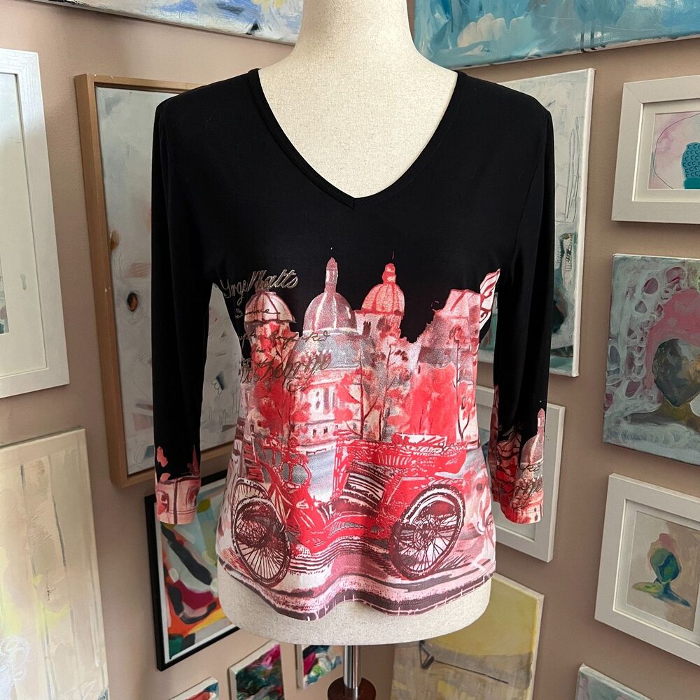 Parisian Nygard Collection Petite Paris Print Top 3/4 Sleeve Travel Artsy M